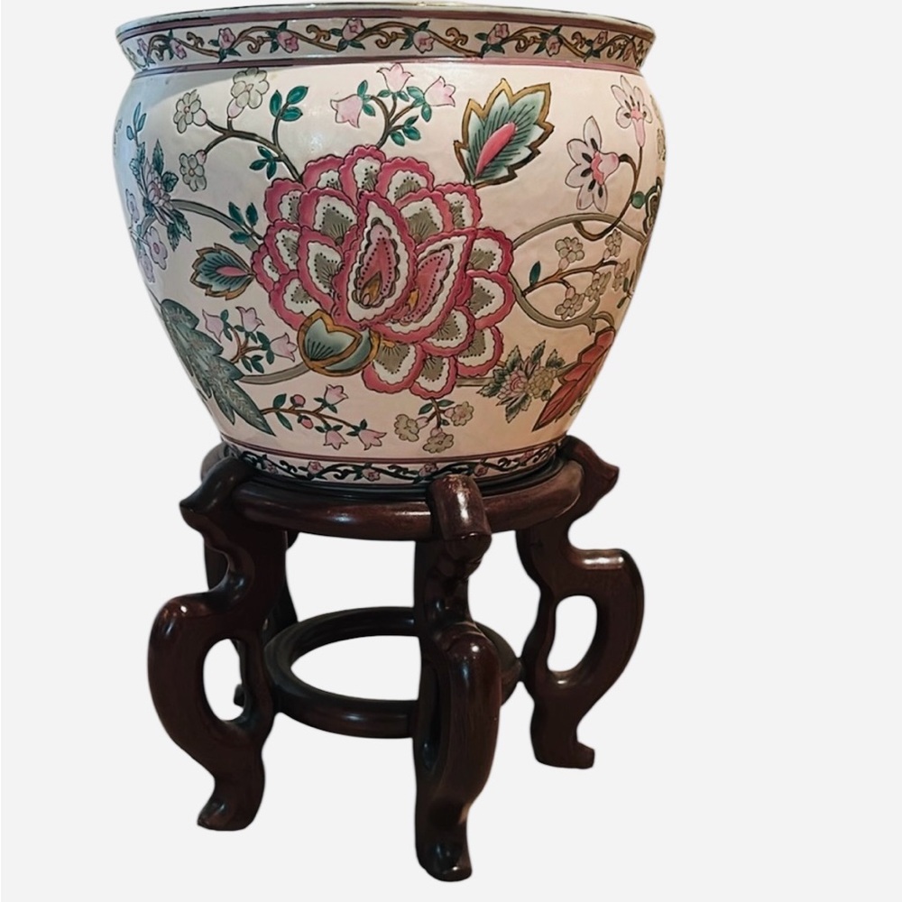 Large chinoiserie Floral Ceramic Planter with Stand